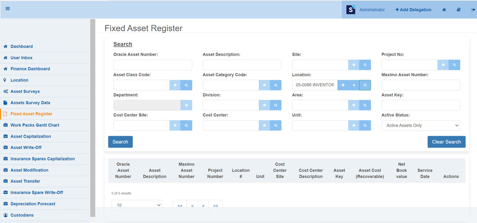 Fixed asset register screen